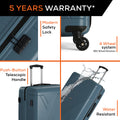 Hard-shell teal suitcase features: modern lock, push-button handle, 4 wheels