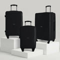 Black hard-shell luggage set of three suitcases with telescopic handles and four wheels