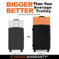 Black hard-shell trolley suitcase with telescopic handle and four wheels, upright view