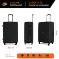 Three-piece black hard-shell luggage set with telescopic handles and four wheels, sizes shown