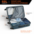 Open hard-shell suitcase in teal with interior compression straps and pockets