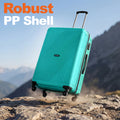 Large polypropylene suitcase in teal with telescopic handle and spinner wheels