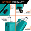 Large polypropylene suitcase in teal showing telescopic handle and 4 wheels