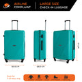 Large polypropylene suitcase in teal shown front, side, and back with 4 wheels
