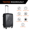 Black hard-shell suitcase with textured surface, telescopic handle, and 4 wheels, front view.