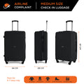 Black hard-shell check-in luggage set shown from multiple angles with telescopic handles and 4 wheels.