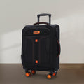 Black soft body spinner trolley with HRX logo front panel and orange trim, four wheels.