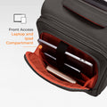 Black soft-sided trolley with open front laptop compartment and orange lining