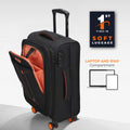 Black soft-sided spinner trolley with side zip pocket and orange-lined laptop compartment