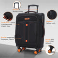 Black soft-sided spinner trolley with front zip pocket and orange-trim details