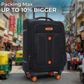 Blue soft body spinner trolley luggage with front panel pockets and orange wheel trims