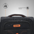 Black soft-sided trolley top handle and zip area with orange logo patch