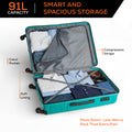 Teal hard-shell suitcase open with interior lining and packing straps