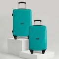 Set of two teal hardshell suitcases with telescopic handles and four spinner wheels