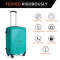 Teal hardshell suitcase with telescopic handle, four wheels, and side lock area