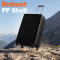 Large black polypropylene suitcase with side handle and 4 spinner wheels