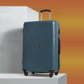 Teal large suitcase with ridged shell, telescopic handle, and four wheels