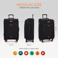 Medium black soft body spinner trolley with front pocket, zippers, and orange accents