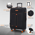 Black soft-sided spinner trolley with sturdy handle and four orange-accent wheels