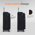 Black expandable soft-sided spinner trolley shown closed and expanded