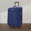 Blue HRX soft spinner trolley with side compartment and orange-accent wheels