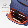 Blue soft body spinner trolley with front laptop and tablet compartment, orange lining.