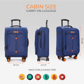 Blue cabin-size soft body spinner trolley showing front panel and four wheels.