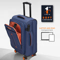 Blue soft body spinner trolley with front laptop and tablet compartment, orange trim.