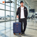 Blue soft body spinner trolley luggage with front compartment and orange wheels