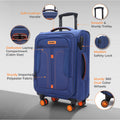 Blue soft body spinner trolley luggage back view with rear handle and orange wheel details