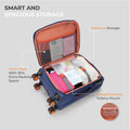 Blue soft body spinner trolley luggage open, showing inner compartments and packing straps
