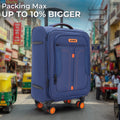 Blue soft body spinner trolley with front pocket and orange trim, four wheels.