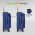 Blue expandable soft body spinner trolley with side zipper, orange trim, four wheels.