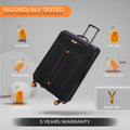 Black soft-sided spinner trolley suitcase with telescopic handle and orange wheels