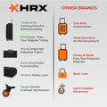 HRX soft-sided spinner trolley suitcase feature comparison chart with icons