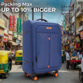 Blue soft-body spinner trolley with upright handle, front panel pocket, and wheels