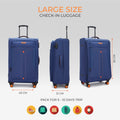 Blue HRX large soft-body check-in spinner trolley shown front, side, and back views