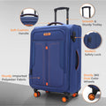 Blue soft-sided spinner trolley close-up with smooth padded handle and 360-degree swivel wheels