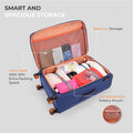 Blue soft-sided luggage open to show spacious interior and separate toiletry pouch compartment