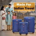 Blue soft-sided spinner trolley set with two sizes and orange wheels on family travel scene