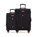 Black soft body spinner trolley luggage set with two upright cases and orange wheels