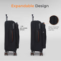 Black soft body spinner trolley with expandable side panel and zipper access pockets