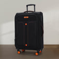 Black soft-sided spinner trolley with front panel pockets and orange wheels