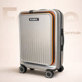 Silver hard-shell trolley suitcase with orange trim and spinner wheels