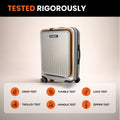 Silver hard-shell trolley suitcase with orange trim and four spinner wheels