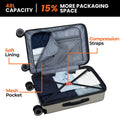 Open trolley suitcase showing mesh pocket, compression straps, and soft lining
