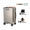 Silver hard-shell trolley suitcase with orange trim, handle, and spinner wheels