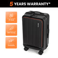 Black hardshell trolley suitcase with red trim and carry handle, angled front view