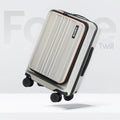 Silver twill trolley suitcase with front compartment panel and four spinner wheels