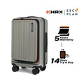Silver twill trolley suitcase with front panel and side handle, 4 spinner wheels